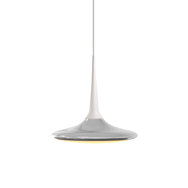 Falling Leaf Tisch-Pendelleuchte mit mattweißer Aufhängung und silber glänzendem Leuchtschirm von GRAU