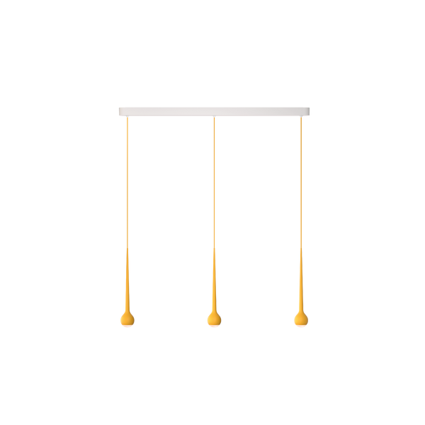 elegante Tischbeleuchtung Falling Sun Trace mit 3 an einer Schiene befestigten Pendeln in angenehmem gelb orangenem Farbton
